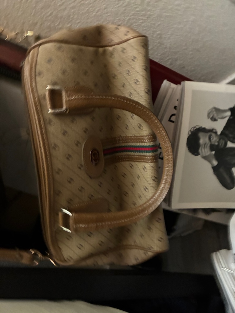 Tan Monogram Travel Duffel Bag with Red-Green Stripe
